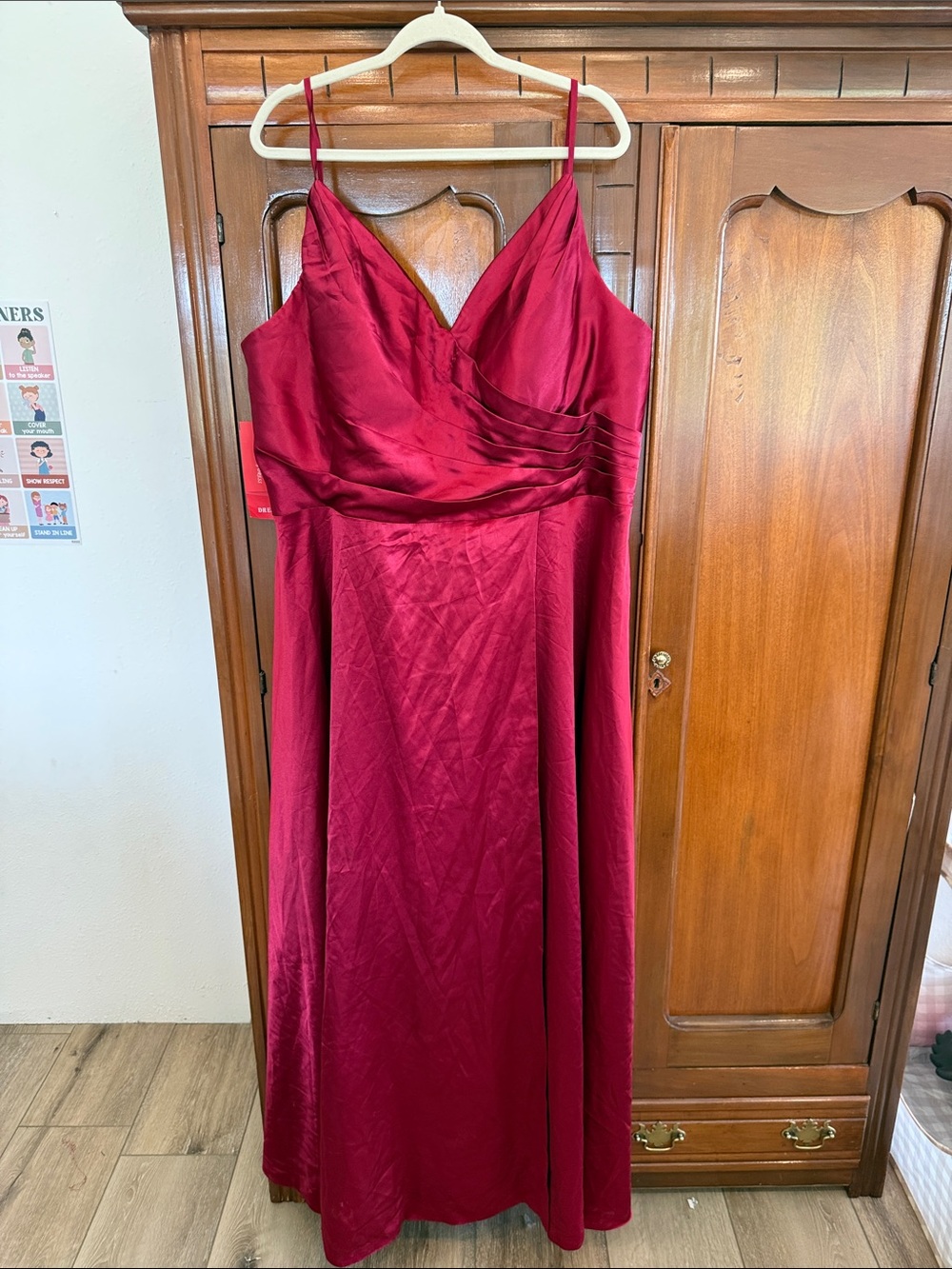 Sleeveless Deep Red Satin Maxi Dress with V-Neck